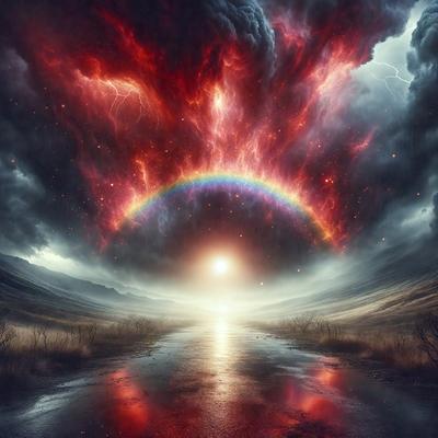 The primary subject of the image is a rainbow, which is a beautiful and colorful natural phenomenon. The rainbow is set against a dark, stormy sky, creating a dramatic and moody atmosphere. The visual style of the image is digital art, as it appears to be a computer-generated or digitally edited scene. The colors and mood of the image are predominantly dark and intense, with the vibrant colors of the rainbow standing out against the stormy backdrop.